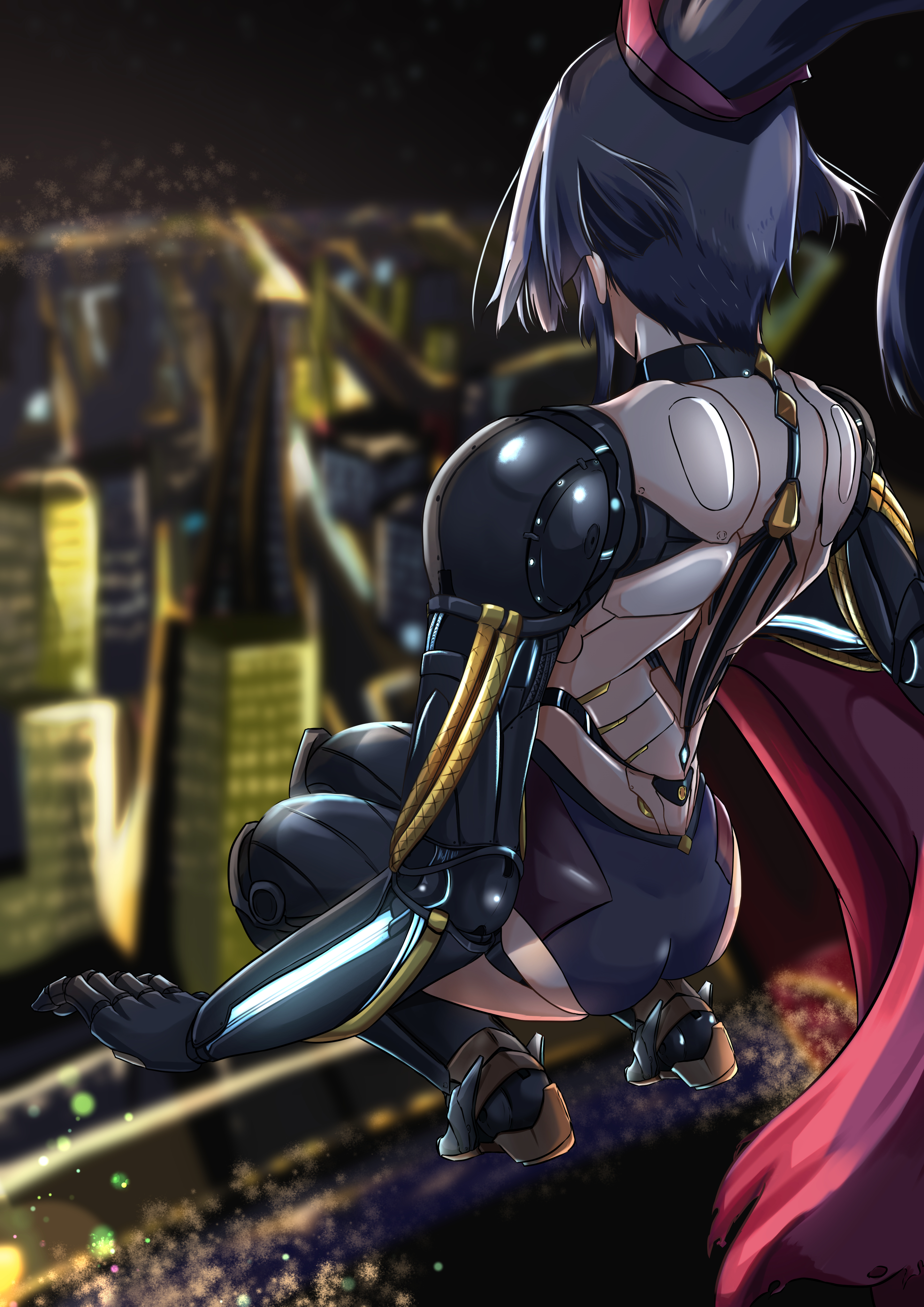 littlesnow33, katou danzou (fate), fate/grand order, fate (series), absurdres, highres, 1girl, back, black hair, humanoid robot, joints, long hair, mechanical arms, mechanical hands, mechanical legs, ponytail, robot, robot girl, robot joints, solo