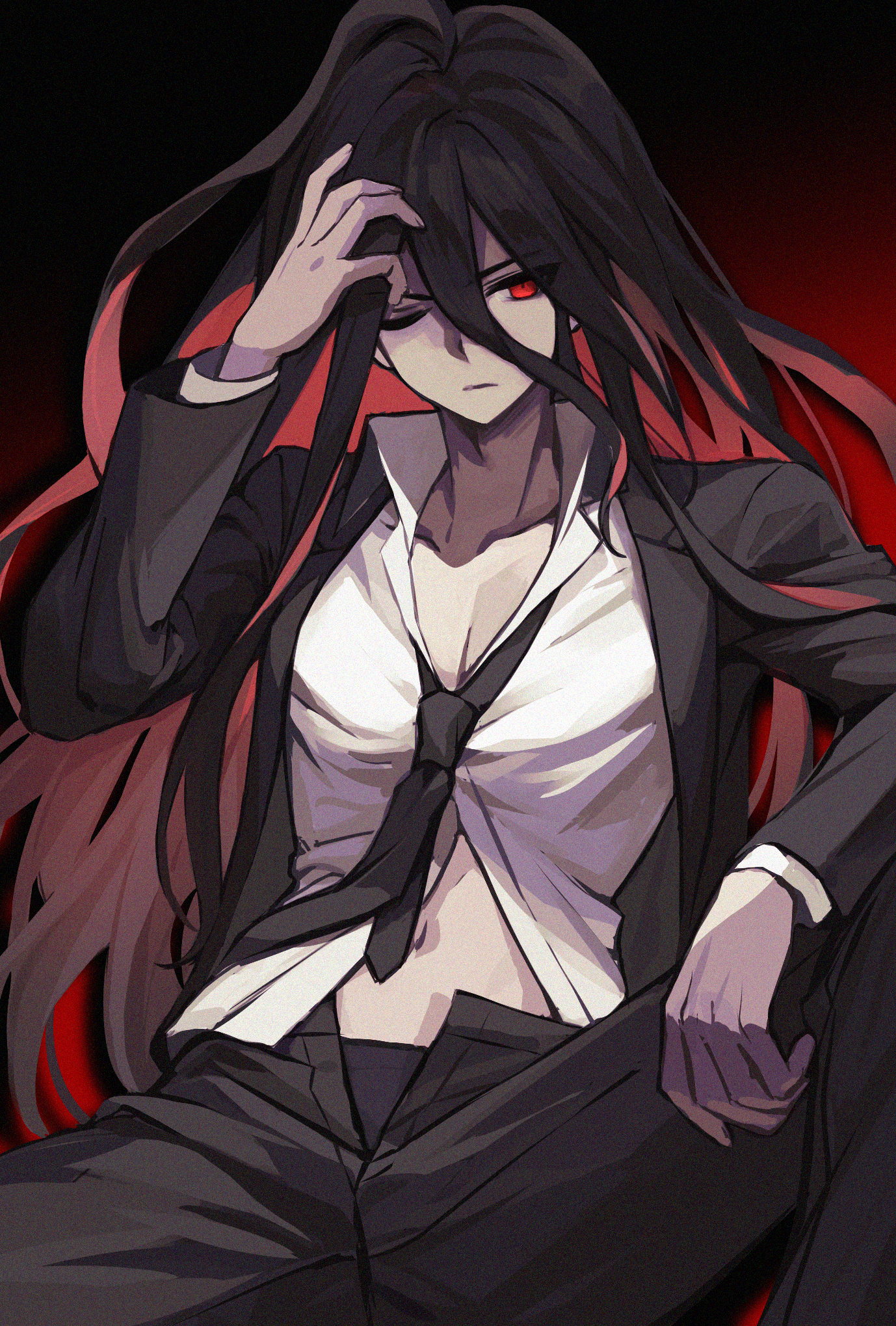 cyacyacyacyaki, kamukura izuru, danganronpa (series), danganronpa 2: goodbye despair, highres, 1boy, black hair, black jacket, black male underwear, black pants, hair between eyes, hand on own head, jacket, long hair, male focus, male underwear, navel, one eye closed, open clothes, open fly, open jacket, pants, partially unbuttoned, red eyes, shirt, solo, spread legs, underwear, white shirt