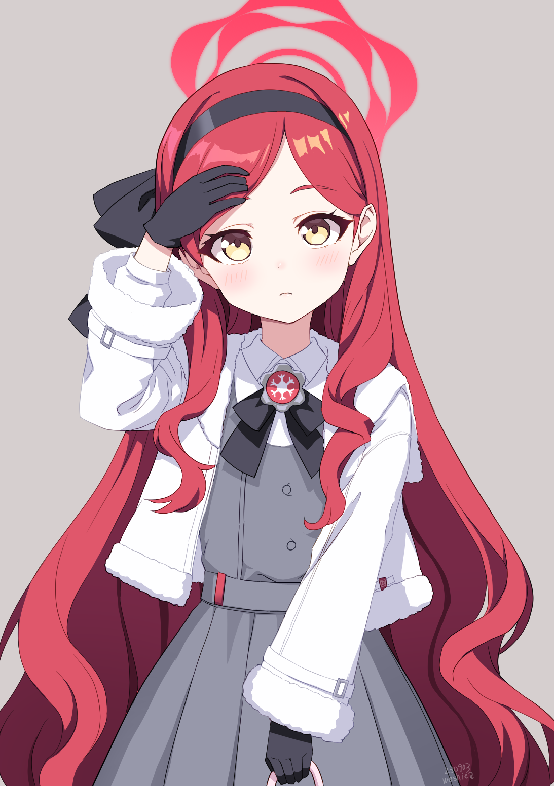 weshika, takane (blue archive), blue archive, commentary request, highres, 1girl, black gloves, black hairband, dress, gloves, grey background, grey dress, hairband, halo, hand on own forehead, holding, jacket, long hair, looking at viewer, red hair, red halo, simple background, solo, white jacket, yellow eyes