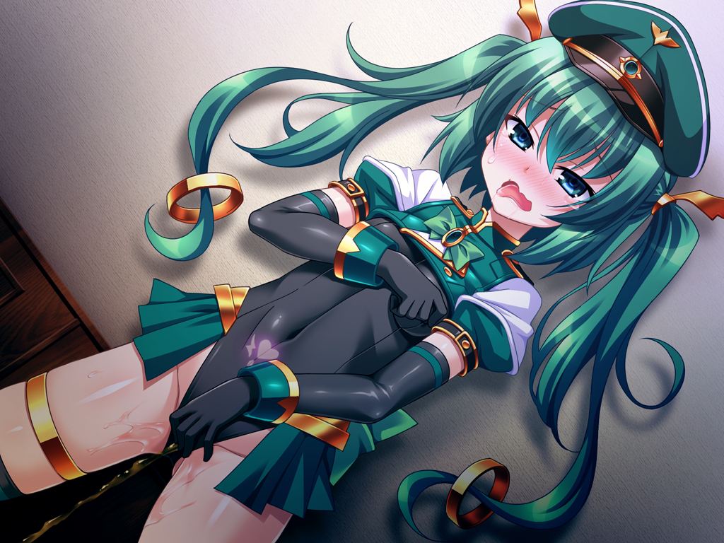 aoi masami, knight lapis, nina wang rockford, ts magical girl nao, game cg, large variant set, non-web source, official art, variant set, 1girl, against wall, black gloves, blue eyes, blush, breasts, covered erect nipples, covered navel, dutch angle, elbow gloves, female masturbation, fingering, gloves, grabbing own breast, green hair, hat, heart, leotard, long hair, magical girl, masturbation, nipple stimulation, nipple tweak, open mouth, peaked cap, pee, peeing, peeing self, pubic tattoo, showgirl skirt, small breasts, solo, standing, tattoo, tears, thighhighs, tongue, tongue out, twintails