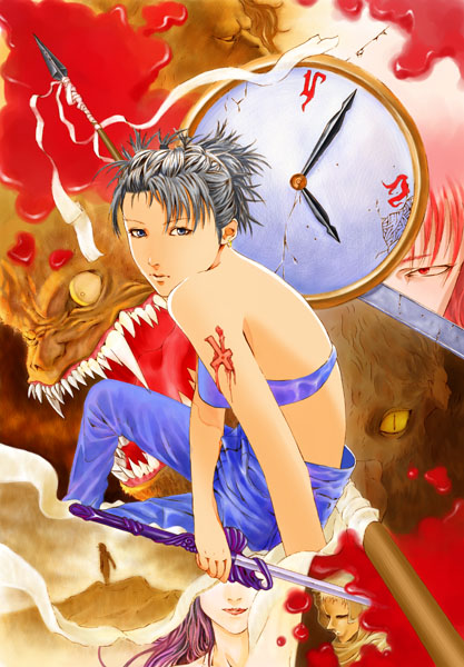 ill-zyon, original, beast, bad id, bad pixiv id, 1boy, 2girls, black hair, blood, blue eyes, clock, monster, multiple girls, polearm, short hair, spear, weapon