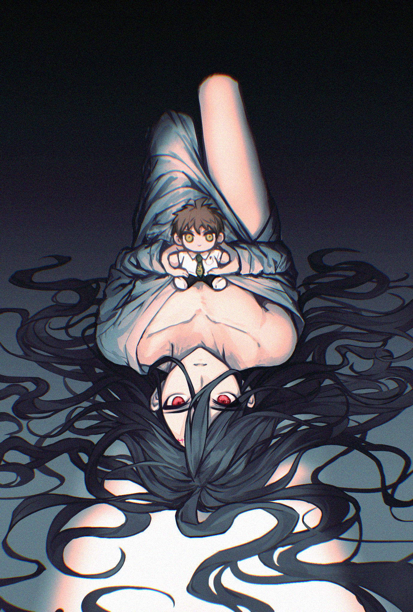 cyacyacyacyaki, hinata hajime, kamukura izuru, danganronpa (series), danganronpa 2: goodbye despair, highres, 1boy, ahoge, black hair, character doll, collarbone, doll, hair between eyes, holding, holding doll, long hair, lying, male focus, on back, red eyes, robe, solo, white robe