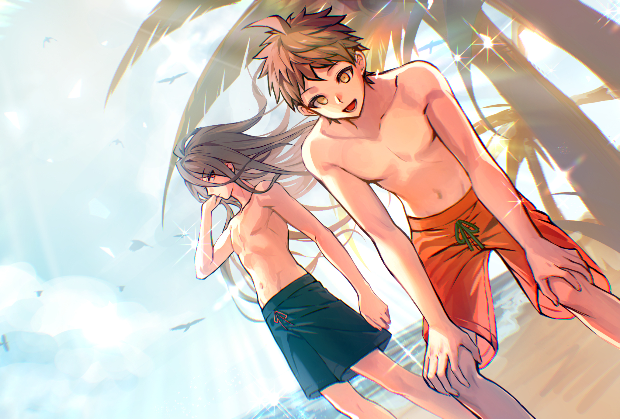 cyacyacyacyaki, hinata hajime, kamukura izuru, danganronpa (series), danganronpa 2: goodbye despair, highres, 2boys, ahoge, beach, bird, black hair, black swim trunks, brown hair, cloud, drawstring, dual persona, hands on own knees, long hair, male focus, male swimwear, multiple boys, navel, obliques, ocean, outdoors, palm tree, red eyes, shore, short hair, sky, sparkle, swim trunks, tree, yellow eyes