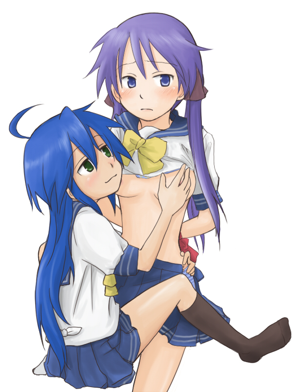 beni shouga, hiiragi kagami, izumi konata, lucky star, bad id, bad pixiv id, 00s, 2girls, ahoge, arms behind back, assisted exposure, bdsm, black socks, blue eyes, blue hair, blush, bondage, bound, breasts, clothes lift, grabbing another's breast, green eyes, groping, hair ribbon, kneehighs, long hair, midriff, mole, mole under eye, multiple girls, panties, pleated skirt, purple hair, ribbon, school uniform, serafuku, shirt lift, skirt, small breasts, socks, striped clothes, striped panties, tsurime, twintails, underwear, yuri