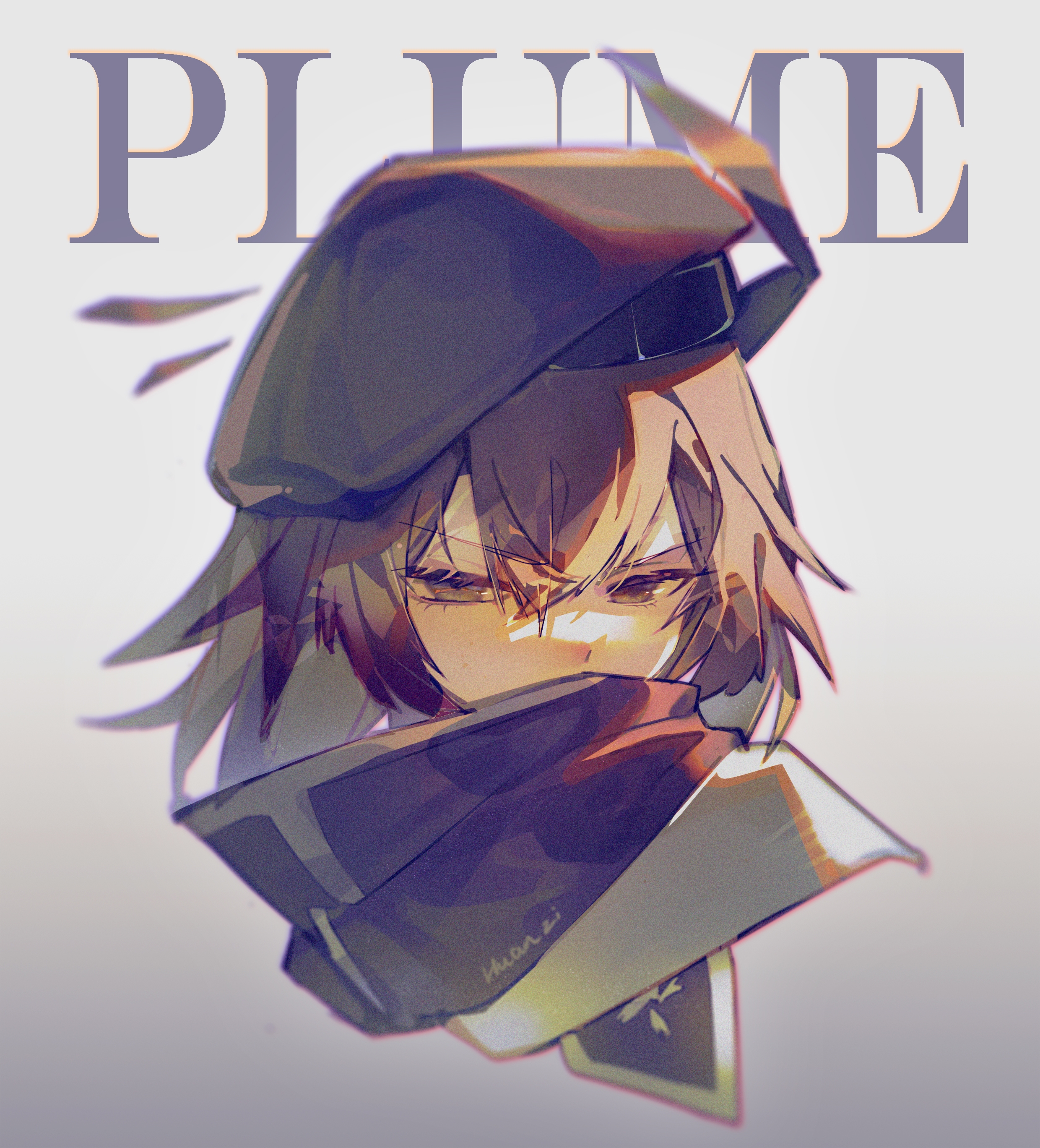 huan zi bu cheng, plume (arknights), arknights, absurdres, chinese commentary, commentary request, highres, 1girl, beret, black hat, black scarf, brown eyes, brown hair, character name, hair between eyes, hat, looking at viewer, medium hair, scarf, short hair, solo