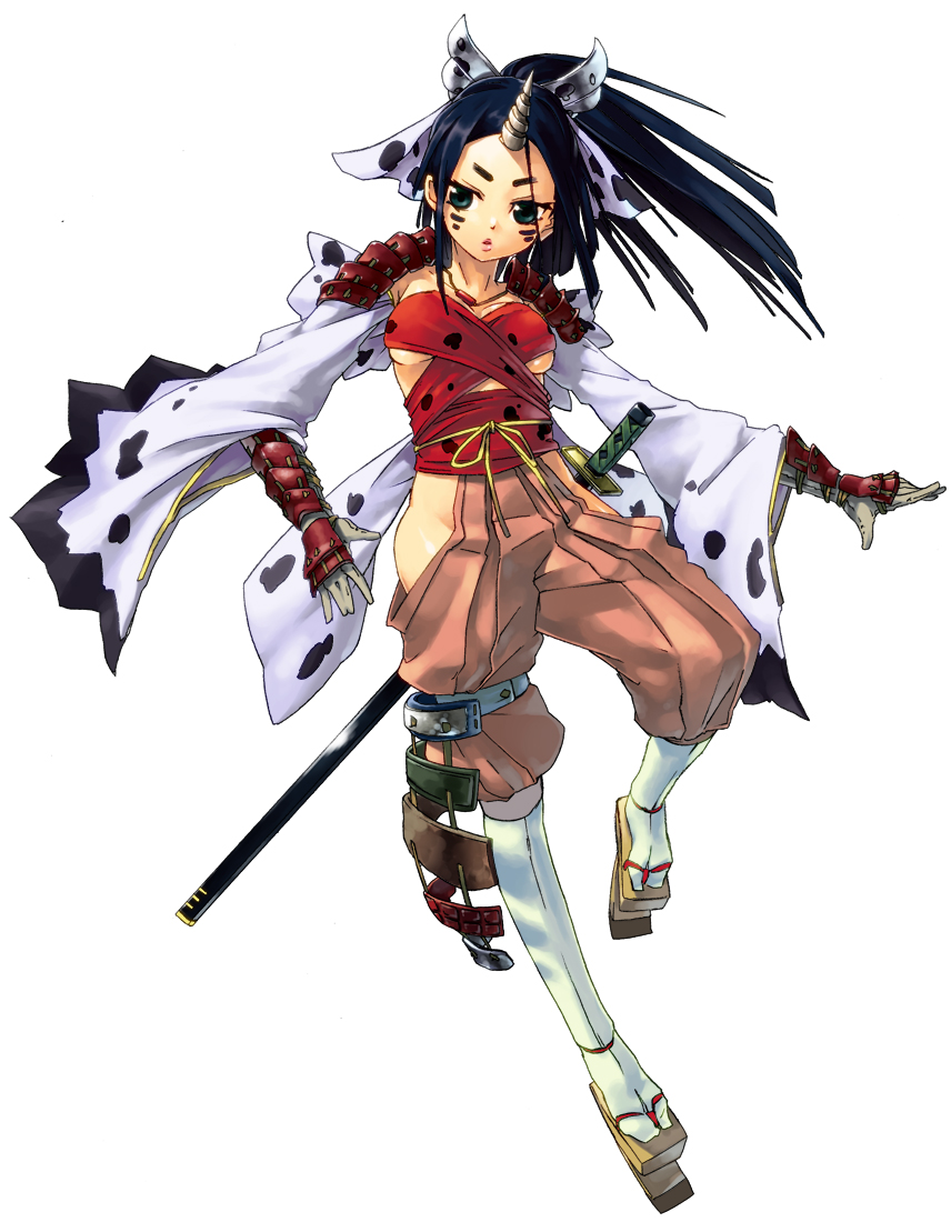 ka-san, seaking, nintendo, pokemon, 1girl, armor, black eyes, black hair, bow, breasts, clothing cutout, facial mark, full body, gauntlets, gen 1 pokemon, geta, hair bow, hip vent, jewelry, katana, long hair, necklace, personification, pokemon (creature), sheath, sheathed, simple background, single orn, small breasts, socks, solo, sword, tengu-geta, weapon, white background, white bow, white socks, wide sleeves