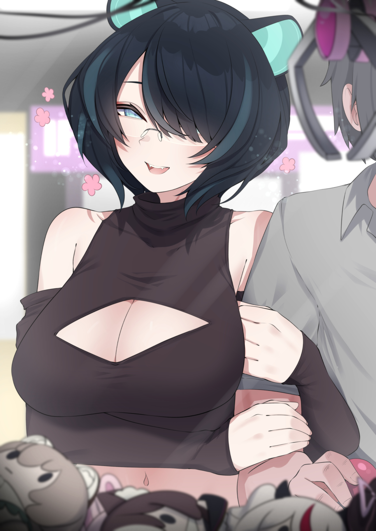 valefal coneri, erina makina, phase connect, commission, highres, 1girl, arm hug, black hair, black sleeves, blue eyes, blue hair, breasts, character doll, cleavage, cleavage cutout, clothing cutout, collared shirt, crane game, crop top, detached sleeves, doll, glasses, grey hair, hair between eyes, multicolored hair, navel, open mouth, shirt, short hair, sleeveless, sleeveless shirt, smile, streaked hair, virtual youtuber