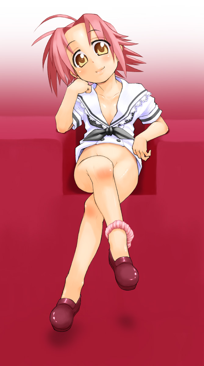 kogami akira, lucky star, highres, 00s, ahoge, bottomless, panties, panties around leg, pink hair, short hair, sitting, solo, underwear, yellow eyes