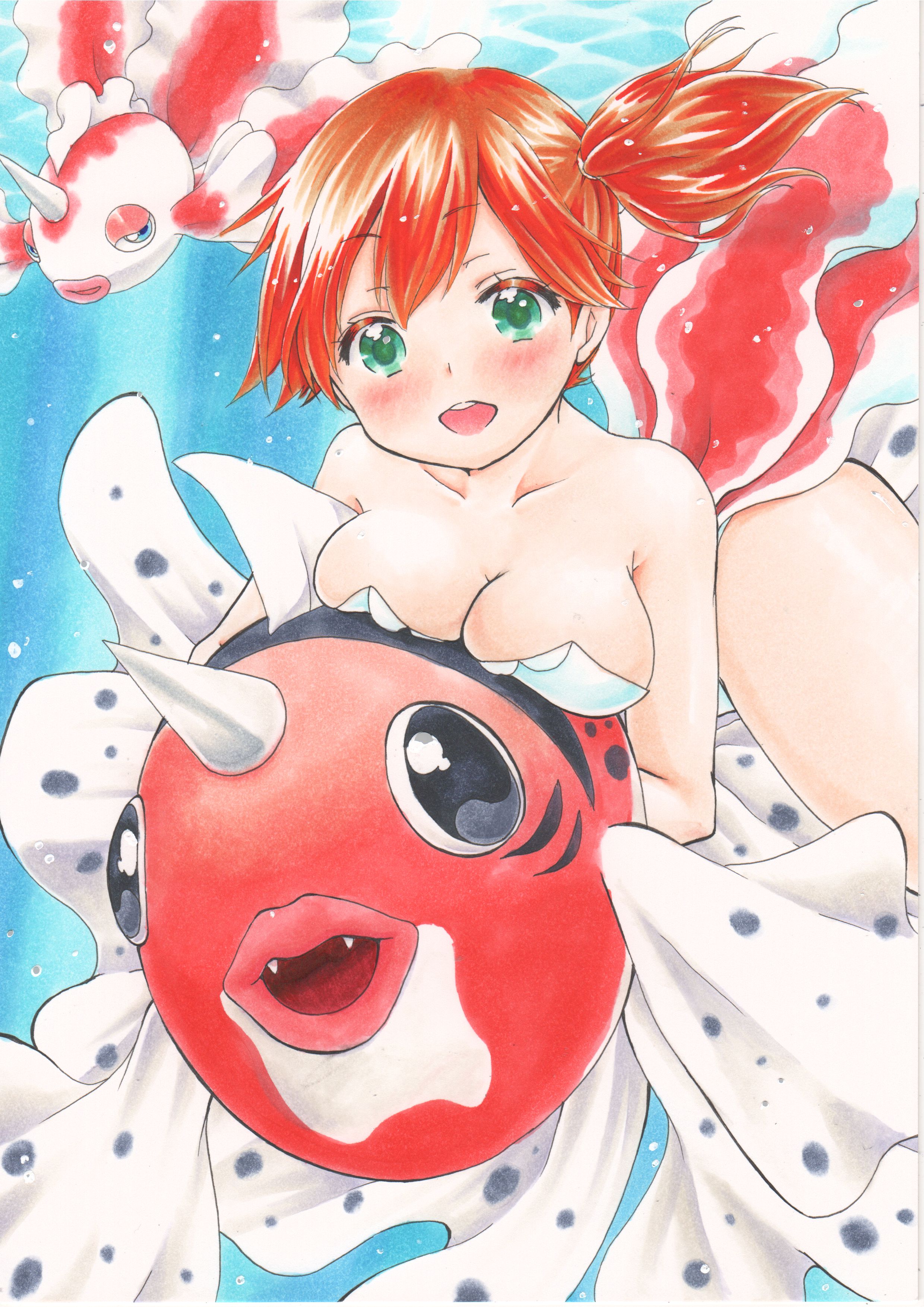 yuuki chima, goldeen, misty (pokemon), seaking, nintendo, pokemon, pokemon (anime), absurdres, highres, marker (medium), traditional media, 1girl, bare shoulders, black eyes, breasts, cleavage, fish, gen 1 pokemon, green eyes, looking at viewer, one-piece swimsuit, open mouth, pokemon (creature), red hair, short hair, side ponytail, swimsuit, underwater