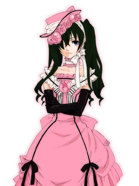 ciel phantomhive, ciel phantomhive (robin dress), kuroshitsuji, 00s, 1boy, bare shoulders, black hair, blue eyes, choker, collarbone, crossdressing, crossdressing (mtf), crossed arms, dress, elbow gloves, frills, gloves, goth fashion, gothic lolita, hair over one eye, hat, lolita fashion, male focus, ribbon, solo, trap, twintails