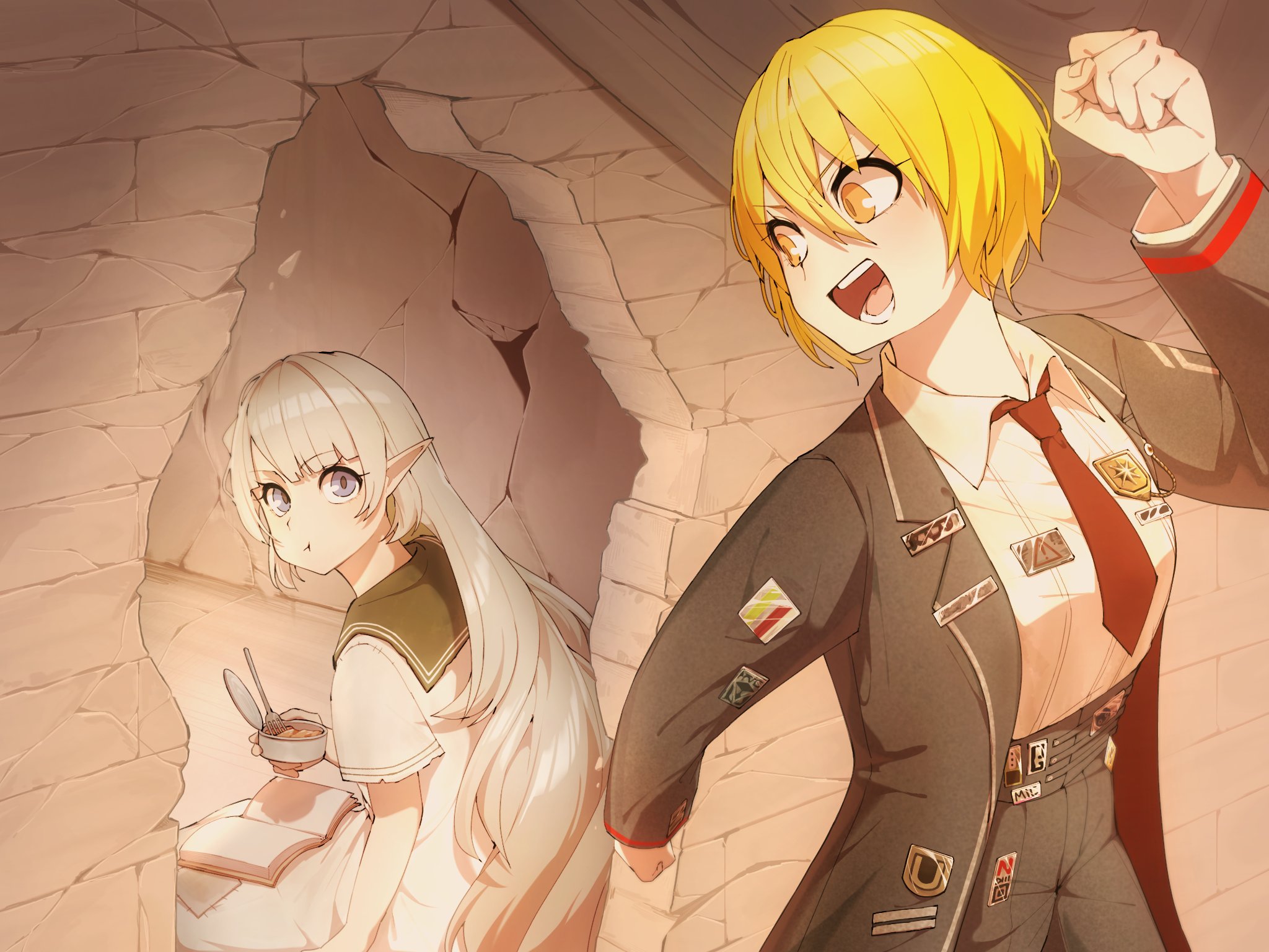 heiya desu, don quixote (project moon), arknights, limbus company, project moon, commentary, highres, symbol-only commentary, 2girls, :t, arm up, black coat, black pants, blonde hair, blue eyes, breasts, broken wall, can, canned food, coat, dress, eating, fingernails, fork, grey hair, long hair, long sleeves, looking at another, looking at viewer, mayors (project moon), multiple girls, necktie, pants, pointy ears, red necktie, sailor collar, shirt, short hair, short sleeves, white shirt, yellow eyes