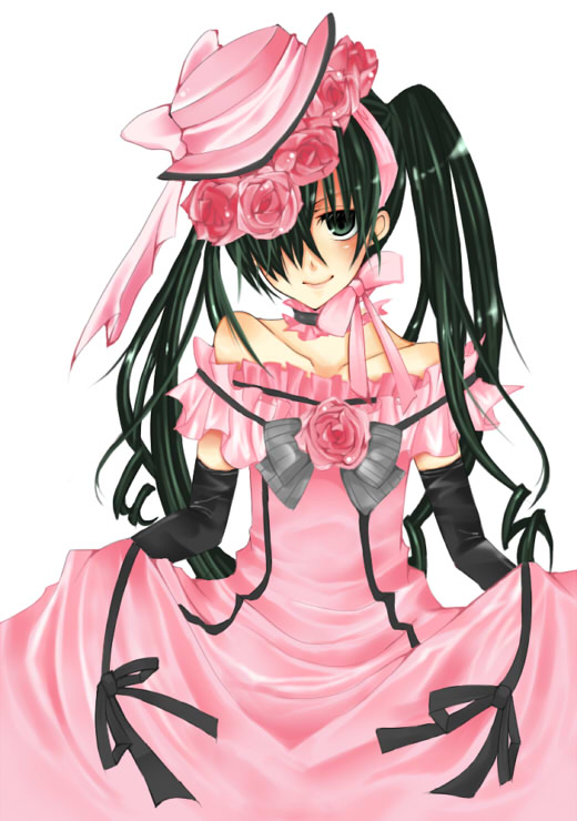 sp ng ny, ciel phantomhive, ciel phantomhive (robin dress), kuroshitsuji, bad id, bad pixiv id, 00s, 1boy, bare shoulders, black eyes, black hair, blue eyes, choker, collarbone, crossdressing, crossdressing (mtf), dress, elbow gloves, flower, gloves, gothic lolita, hair over one eye, hat, lolita fashion, male focus, ribbon, rose, smile, solo, trap, twintails