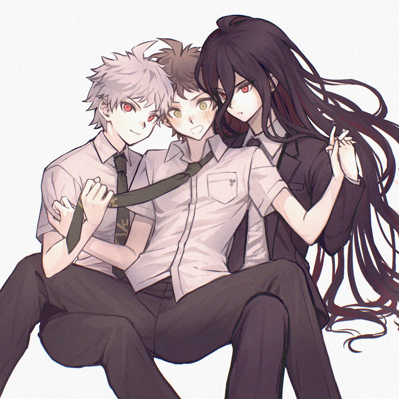 cyacyacyacyaki, hinata hajime, hinata hajime (awakened), kamukura izuru, danganronpa (series), danganronpa 2: goodbye despair, highres, 3boys, ahoge, black hair, black jacket, black necktie, black pants, blush, boy sandwich, breast pocket, brown hair, clothes grab, collared shirt, green eyes, green necktie, holding hands, interlocked fingers, jacket, long hair, male focus, multiple boys, multiple persona, necktie, necktie grab, neckwear grab, pants, parted lips, pocket, red eyes, sandwiched, selfcest, shirt, short hair, small sweatdrop, smile, spread legs, white hair, white shirt, yaoi