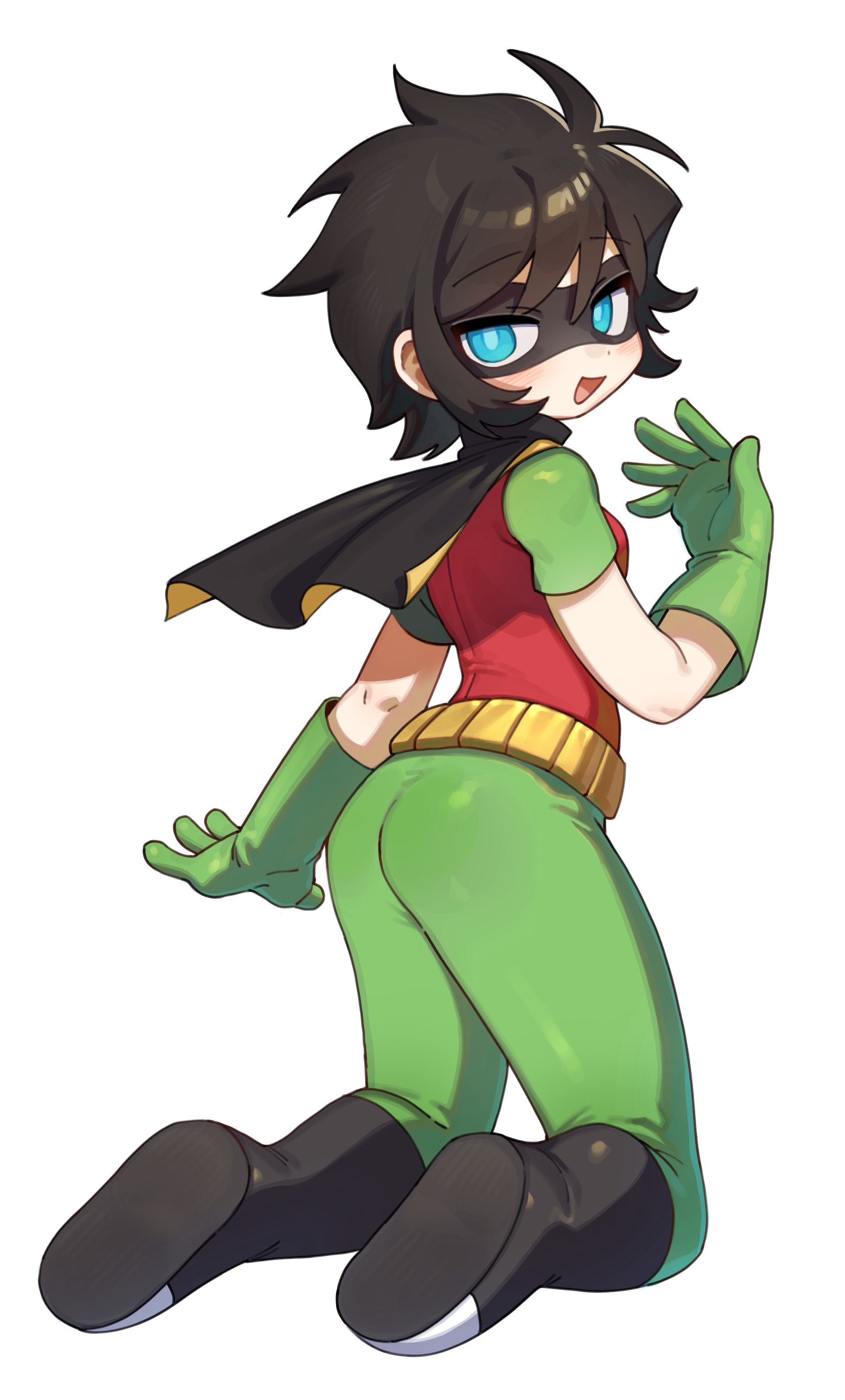 hufy, robin (batrobin k), batman (series), dc comics, absurdres, highres, 1girl, ass, belt, black hair, blue eyes, breasts, cape, domino mask, gloves, green gloves, mask, short hair, simple background, small breasts, spandex, superhero costume, utility belt, white background