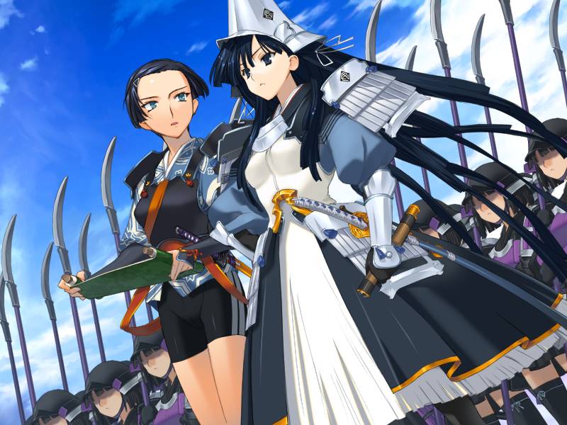 orion, orion (orionproject), naoe ai, uesugi kenshin (rance), rance (series), sengoku rance, game cg, jpeg artifacts, 6+girls, armor, armored dress, bike shorts, black hair, blue eyes, blue hair, dress, helmet, long hair, multiple girls, naginata, polearm, scroll, short hair, sword, thighhighs, weapon