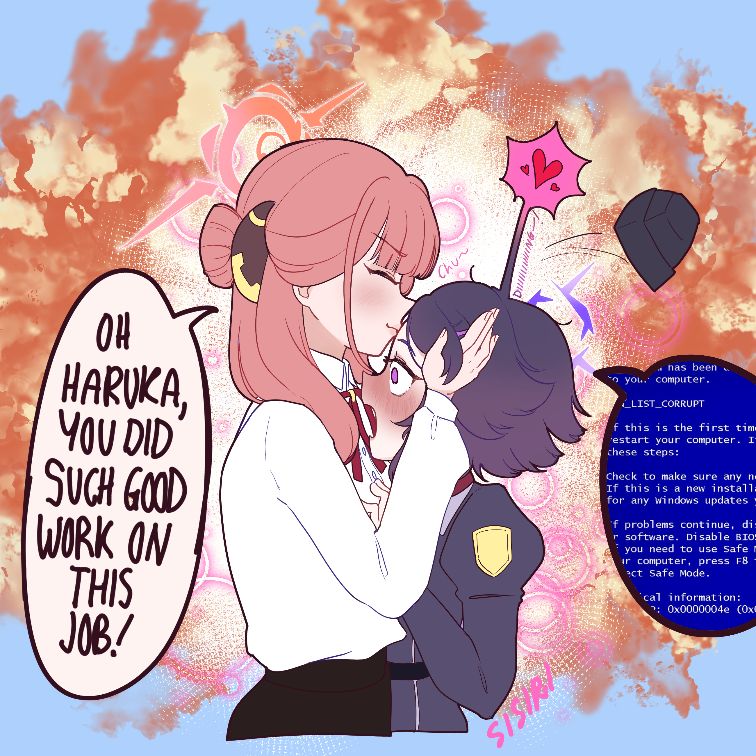 aru (blue archive), haruka (blue archive), blue archive, 2girls, artist name, belt, black skirt, blue background, blue jacket, blue screen of death, blunt bangs, blush, collared shirt, demon horns, english text, explosion, explosion background, garrison cap, hair ornament, hairpin, halo, hat, heart, horns, jacket, kiss, kissing forehead, long hair, multiple girls, open mouth, pink hair, purple eyes, purple halo, purple hat, red halo, red ribbon, ribbon, shirt, short hair, sidelocks, sisiri, skirt, speech bubble, spoken heart, surprised, unworn hat, unworn headwear, white shirt, yuri