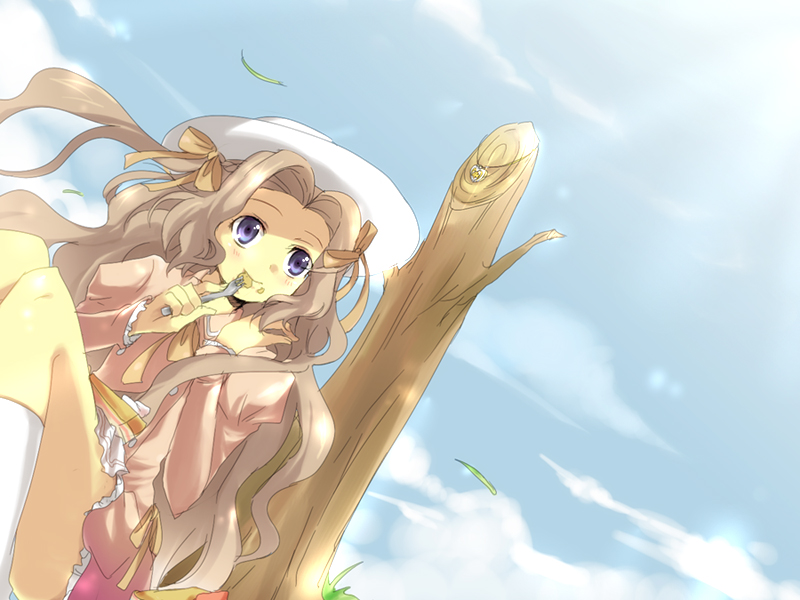 kl (dgzonbi), nunnally vi britannia, code geass, 00s, brown hair, cake, day, eating, food, hat, long hair, pastry, ribbon, sky, solo, tree stump