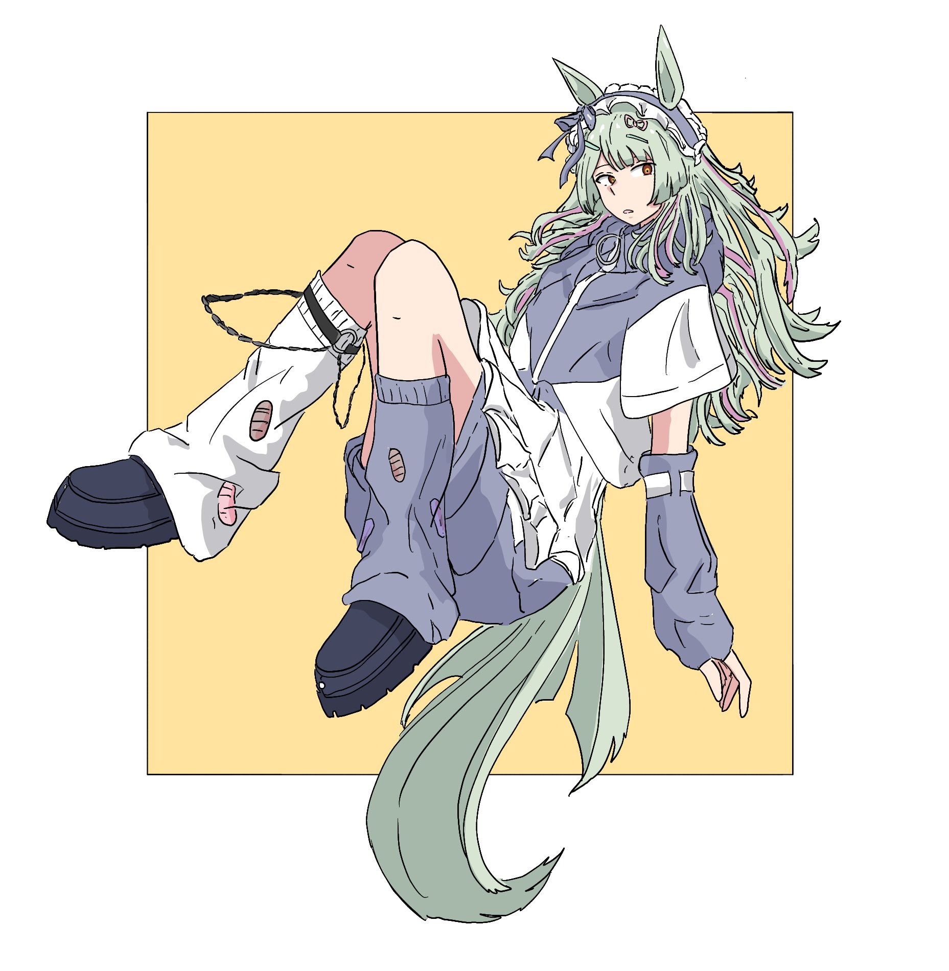 fujimasa march (umamusume), umamusume, umamusume: cinderella gray, highres, 1girl, alternate costume, animal ears, apron, arm warmers, asymmetrical legwear, blue jacket, blue leg warmers, blue track suit, bow, ear ribbon, frilled apron, frills, full body, grey hair, hair ornament, horse ears, horse girl, horse tail, jacket, jersey maid, leg warmers, long hair, looking at viewer, loose socks, maid, maid apron, maid headdress, mismatched legwear, multicolored hair, parted lips, pink hair, shoes, short sleeves, socks, solo, streaked hair, sxpwze4u3podzmr, tail, track jacket, track suit, unconventional maid, waist apron, white apron, white leg warmers, yellow eyes