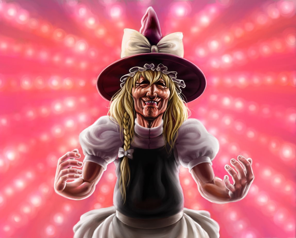 sakkan, kirisame marisa, touhou, 1girl, blonde hair, braid, female focus, gradient background, hat, solo, what, witch, witch hat