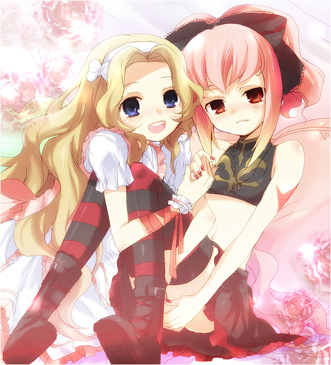 kl (dgzonbi), anya alstreim, nunnally vi britannia, code geass, striped legwear, 00s, 2girls, bare shoulders, blue eyes, boots, brown hair, dress, frills, hairband, holding hands, jewelry, long hair, midriff, multiple girls, nail polish, navel, necklace, open mouth, pink hair, pink nails, red eyes, short hair, sitting, skirt, smile, striped clothes, striped thighhighs, thighhighs