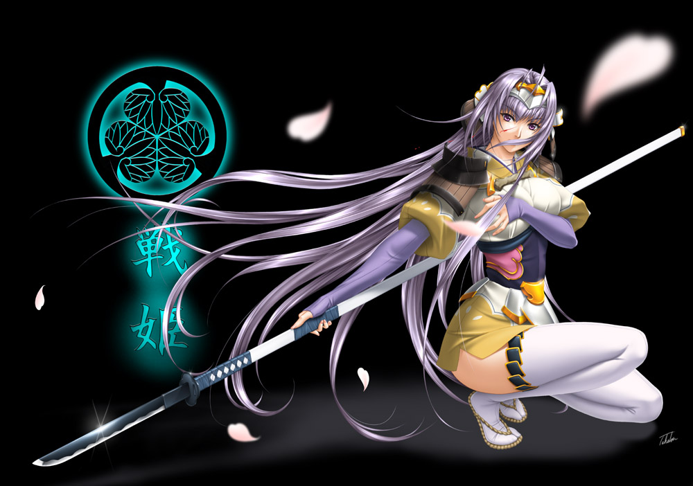 takatan, senhime, rance (series), sengoku rance, 1girl, armor, blood, female focus, japanese clothes, long hair, naginata, petals, polearm, purple eyes, purple hair, solo, spear, thighhighs, tiara, very long hair, weapon