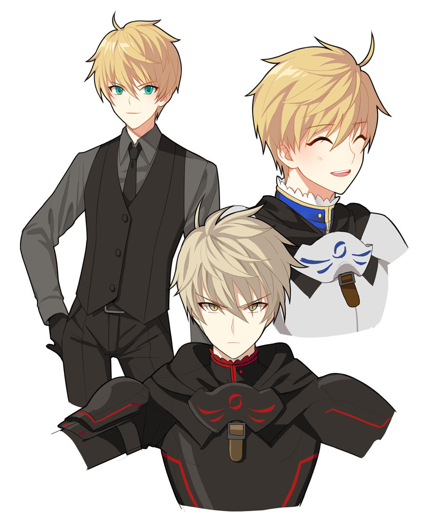 pukui, arthur pendragon (fate), arthur pendragon alter (fate), fate/grand order, fate (series), 1boy, ahoge, armor, belt, black armor, black belt, black gloves, black hood, black necktie, black pants, black shirt, black vest, blonde hair, blue shirt, blush, breastplate, brown belt, buttons, closed eyes, closed mouth, collared shirt, cowboy shot, dark persona, formal clothes, full armor, gloves, green eyes, grey shirt, hair between eyes, hand on own hip, long sleeves, looking at viewer, male focus, multiple views, necktie, pants, pauldrons, shirt, short hair, shoulder armor, simple background, smile, standing, teeth, upper body, v-shaped eyebrows, vest, white armor, white background, yellow eyes