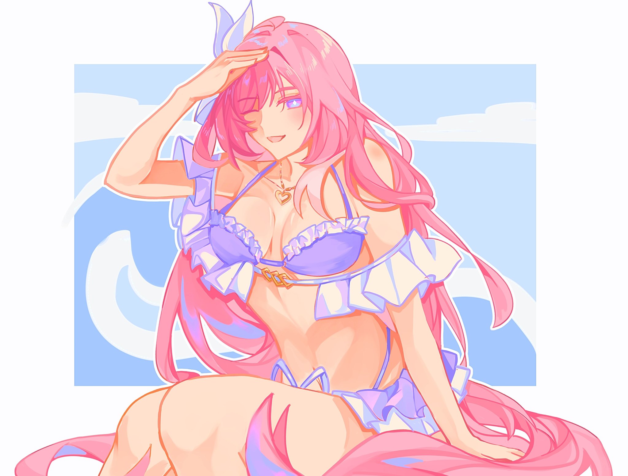 steliarstelle, elysia (herrscher of human: ego) (honkai impact), elysia (honkai impact), elysia (summer 2023) (honkai impact), honkai (series), honkai impact 3rd, commentary, commission, english commentary, highres, 1girl, ;), bikini, blue sky, border, breasts, diamond-shaped pupils, diamond (shape), hair ornament, heart, heart necklace, jewelry, large breasts, long hair, navel, necklace, official alternate costume, one eye closed, pink hair, purple bikini, purple eyes, sitting, sky, smile, solo, stomach, swimsuit, symbol-shaped pupils, very long hair, white border
