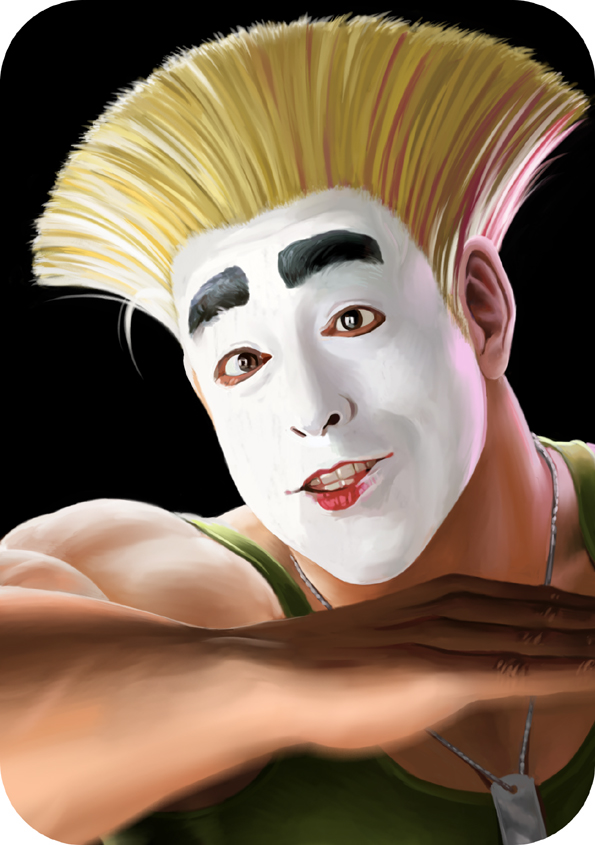 sakkan, bakatono-sama, guile, capcom, street fighter, eyebrows, 1boy, blonde hair, flattop, makeup, male focus, solo