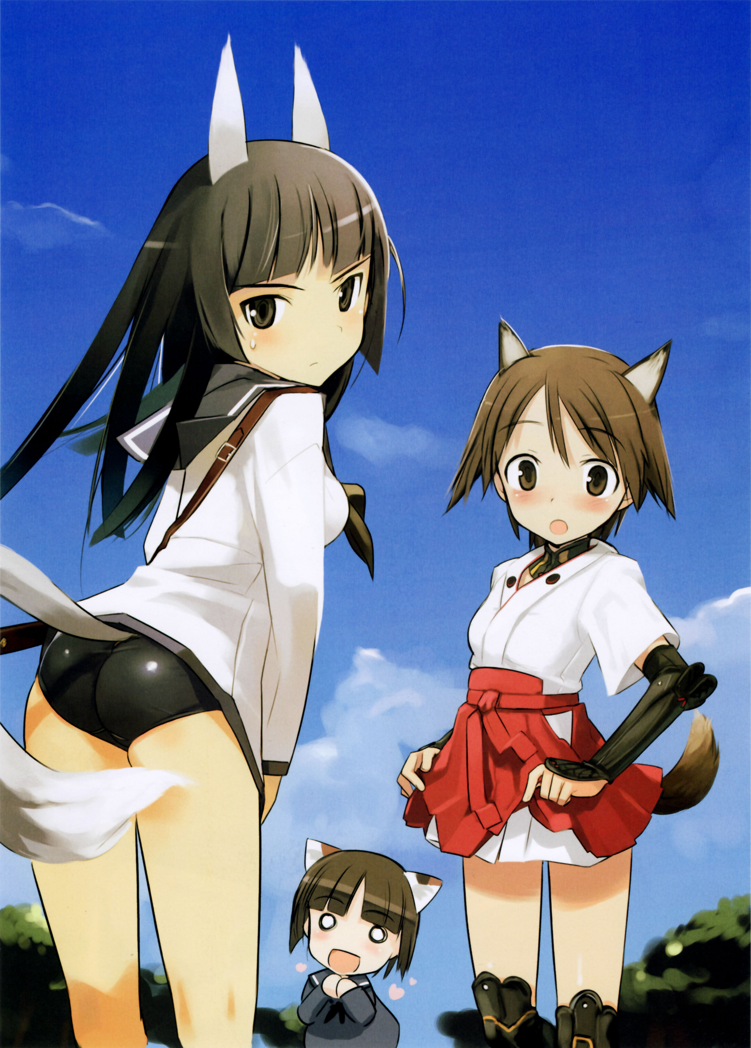 shimada fumikane, anabuki tomoko, miyafuji yoshika, sakomizu haruka, strike witches, strike witches: suomus misfits squadron, world witches series, black legwear, absurdres, highres, non-web source, official art, scan, 3girls, :d, anabuki tomoko (cosplay), animal ears, ass, black eyes, black gloves, black hair, blue sky, blush, brown eyes, brown hair, cat ears, chibi, cosplay, costume switch, day, dog ears, dog tail, elbow gloves, fingerless gloves, flat chest, fox ears, fox tail, from behind, gloves, grey eyes, hakama, hakama short skirt, hakama skirt, heart, japanese clothes, long hair, looking back, miyafuji yoshika (cosplay), multiple girls, o o, open mouth, school uniform, serafuku, short hair, skirt, sky, smile, sweatdrop, swimsuit, swimsuit under clothes, tail, thighhighs