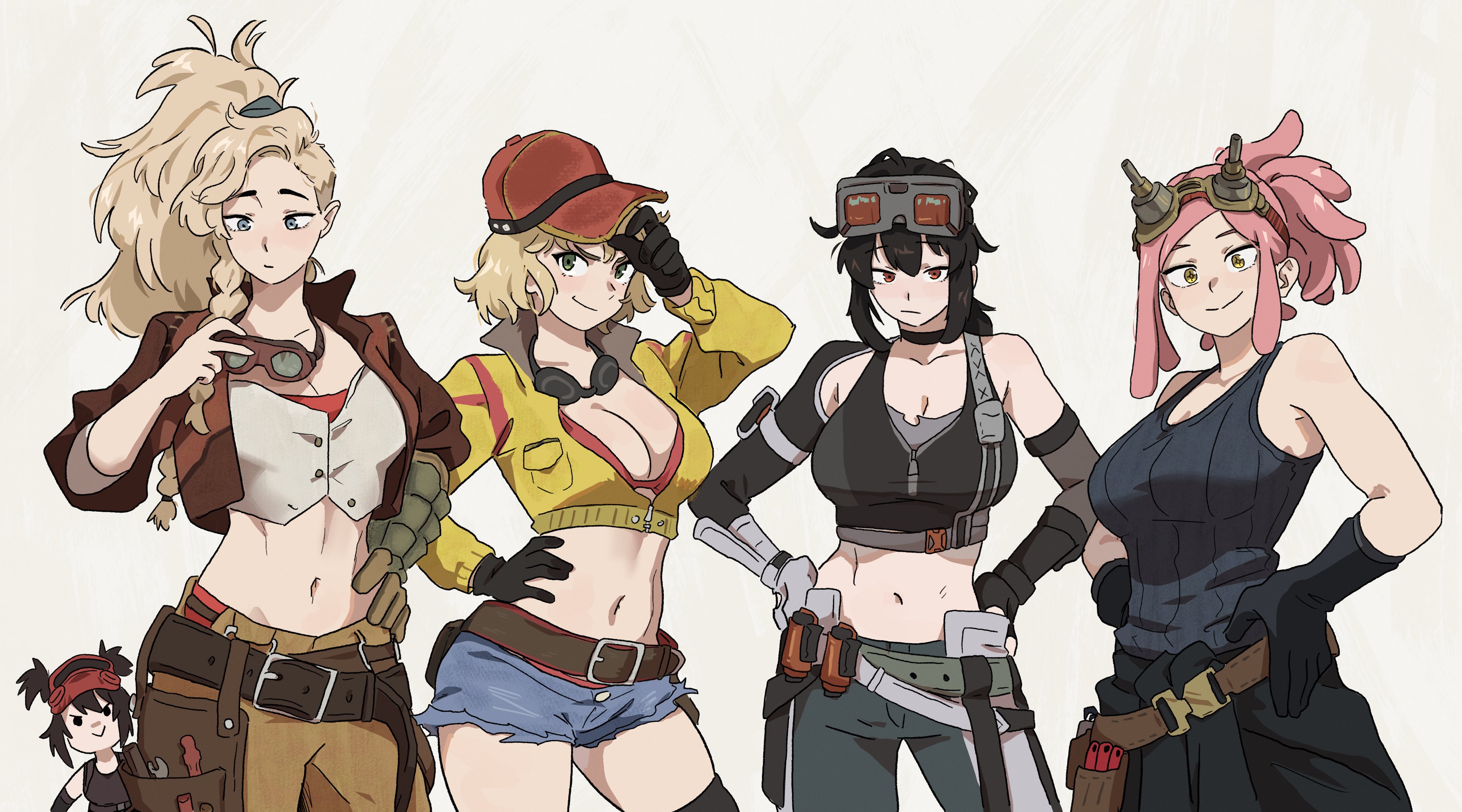 dashi (dashiart), cindy aurum, gemma (monster hunter wilds), grace howard, hatsume mei, boku no hero academia, final fantasy, final fantasy xv, monster hunter (series), monster hunter wilds, zenless zone zero, absurdres, character request, commentary, highres, symbol-only commentary, 5girls, :>, bdsm, black choker, black gloves, black hair, black pants, blonde hair, blue shorts, bondage, bound, breasts, brown gloves, brown pants, choker, cleavage, closed mouth, collarbone, crossover, gloves, goggles, goggles around neck, goggles on head, green eyes, green pants, grey background, hands on own hips, hat, large breasts, looking at viewer, medium hair, midriff, multiple girls, navel, pants, pink hair, red eyes, red hat, short hair, shorts, single glove, smile, yellow eyes