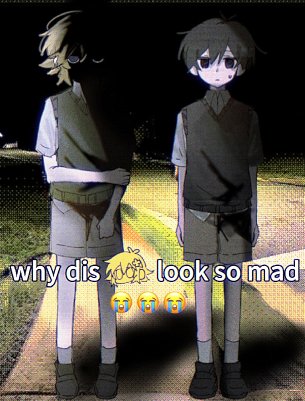 mo42144, basil (faraway) (omori), basil (omori), sunny (omori), omori, highres, photo-referenced, 2boys, antenna hair, arms at sides, black eyes, black hair, black shoes, black sweater vest, blonde hair, blue eyes, brown shorts, closed mouth, collared shirt, green sweater vest, loafers, looking at viewer, male focus, meme, multiple boys, night, outdoors, shirt, shoes, short hair, short sleeves, shorts, socks, sweatdrop, sweater vest, white shirt, white socks, why dis ninja look so mad (meme)