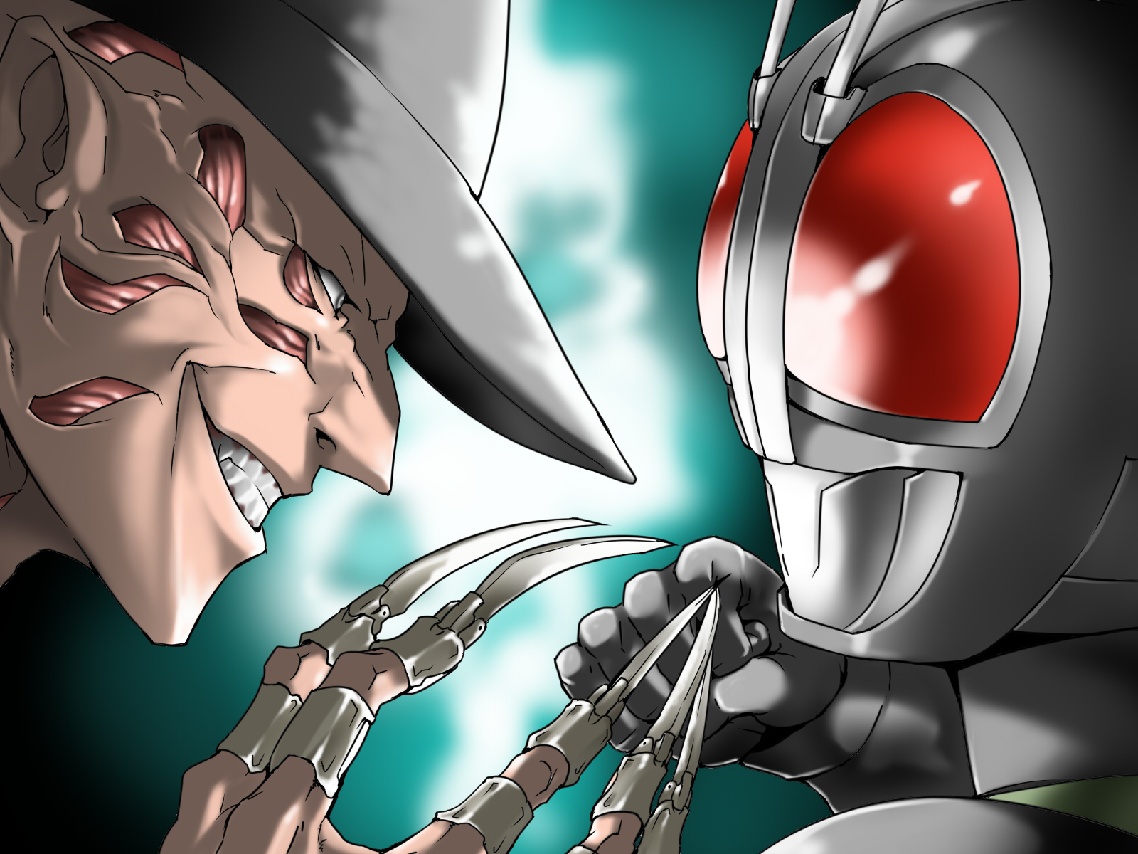 tukiwani, freddy krueger, kamen rider black rx, a nightmare on elm street, kamen rider, kamen rider black rx (series), highres, 2boys, claws, crossover, grin, hat, male focus, multiple boys, smile