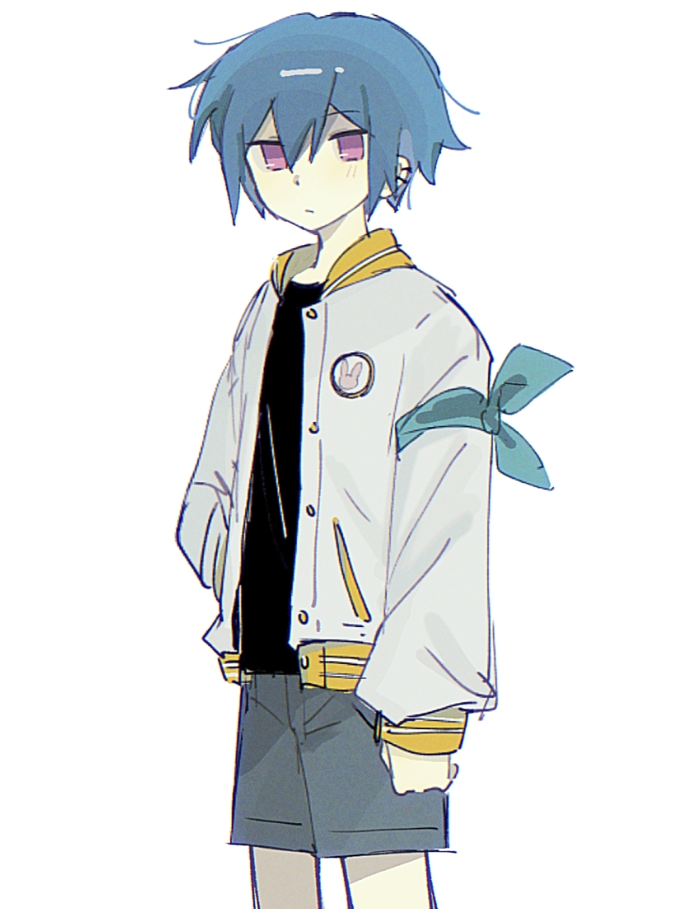 mo42144, aubrey (faraway) (omori), aubrey (omori), omori, highres, 1boy, blue hair, blue ribbon, blue shorts, closed mouth, denim, denim shorts, ear piercing, genderswap, genderswap (ftm), hand in pocket, jacket, long sleeves, looking at viewer, male focus, piercing, pink eyes, ribbon, short hair, shorts, simple background, solo, white background, white jacket
