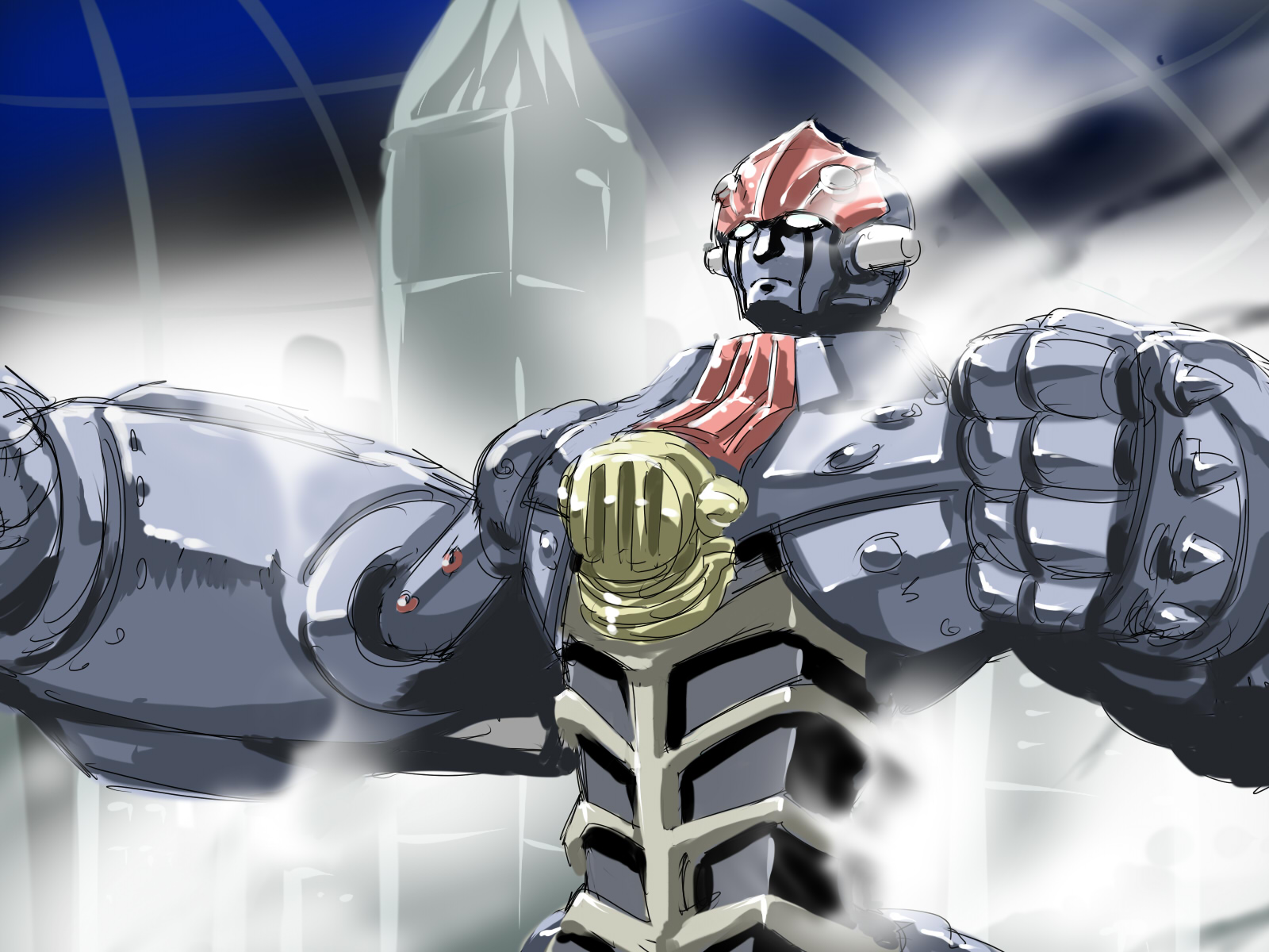 tukiwani, big o (mecha), the big o, highres, armor, helmet, machinery, mecha, mecha focus, no humans, robot, weapon