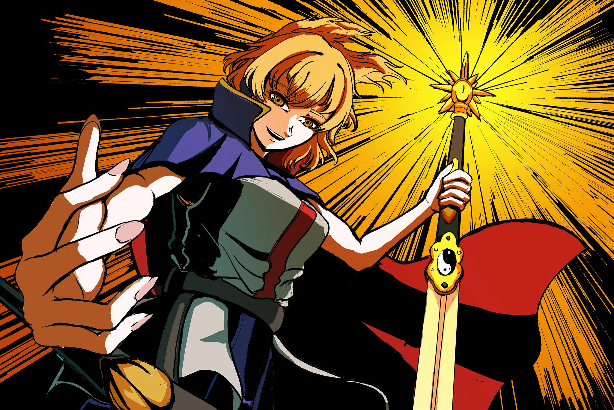 weedhollow (dokuran), toyosatomimi no miko, touhou, commentary, highres, 1girl, belt, breasts, cape, collar, collared cape, dress, earmuffs, fingernails, glowing, glowing sword, glowing weapon, green dress, holding, holding sword, holding weapon, light rays, looking at viewer, medium breasts, open mouth, orange eyes, orange hair, pointy hair, purple cape, purple collar, purple skirt, reaching, reaching towards viewer, red cape, shirt, short hair, skirt, sleeveless, sleeveless shirt, smile, solo, sword, teeth, two-sided cape, two-sided fabric, upper teeth only, weapon, yin yang