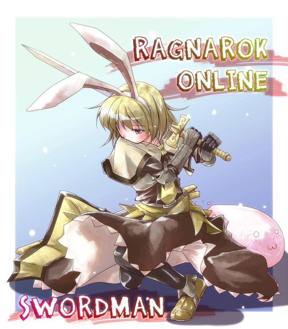 pasteljam, poring, swordsman (ragnarok online), ragnarok online, commentary request, 1girl, :3, animal ears, black pantyhose, blonde hair, blue background, blush, brown capelet, brown dress, brown shoes, capelet, character name, closed mouth, copyright name, dress, expressionless, fake animal ears, full body, gauntlets, hair over one eye, holding, holding sword, holding weapon, long sleeves, looking afar, pantyhose, rabbit ears, shoes, slime (creature), solo, sword, weapon