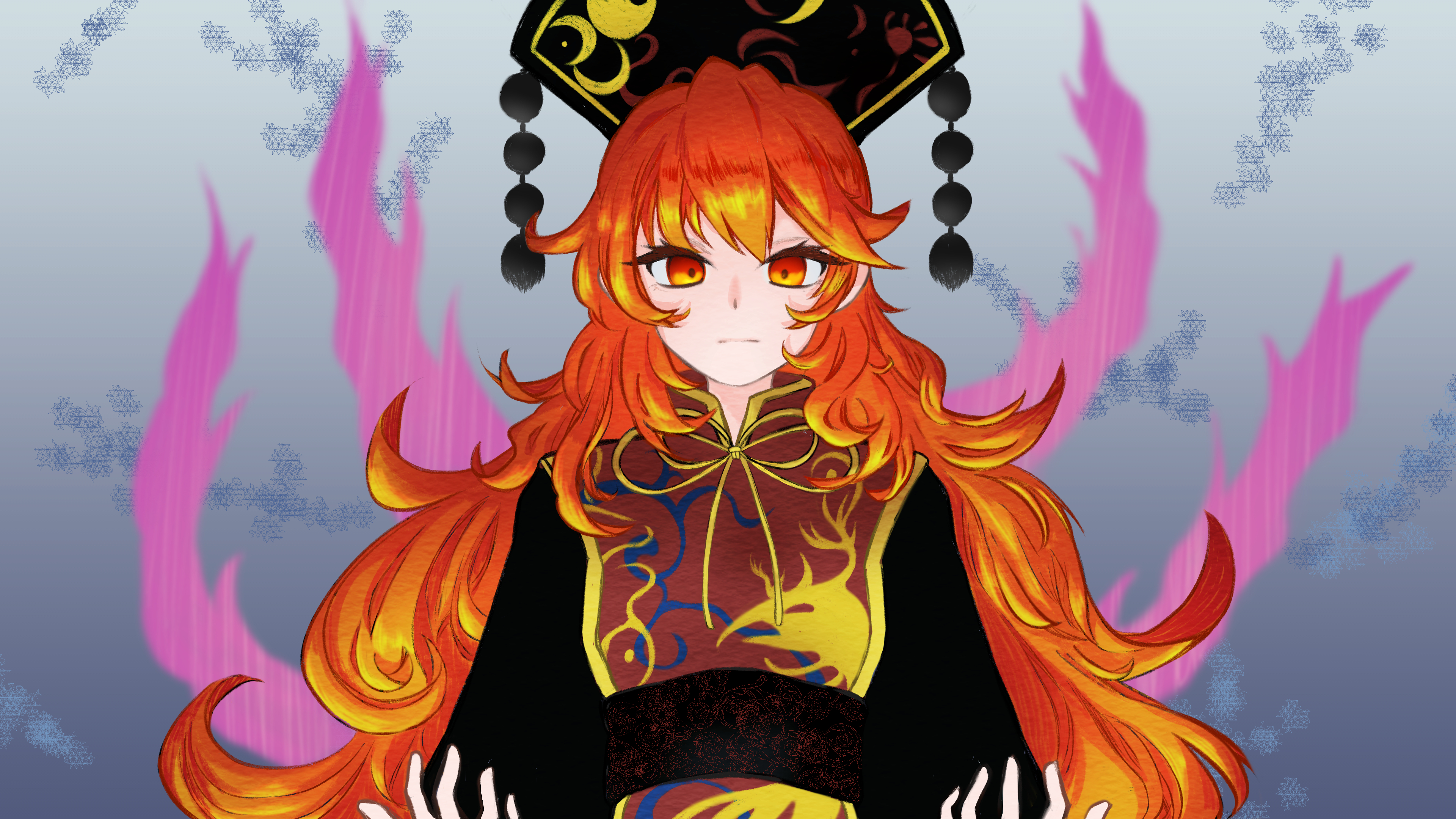 junko (touhou), legacy of lunatic kingdom, touhou, absurdres, commentary request, highres, 1girl, belt, black belt, black dress, black hat, chinese clothes, closed mouth, crescent, crescent print, dalachi (headdress), dress, empty eyes, energy, gradient background, grey background, hair between eyes, hat, long hair, long sleeves, looking at viewer, mandarin collar, neck ribbon, noshi495, orange hair, phoenix print, pom pom (clothes), red eyes, red tabard, ribbon, simple background, solo, tabard, tassel, upper body, wavy hair, wide sleeves, yellow ribbon