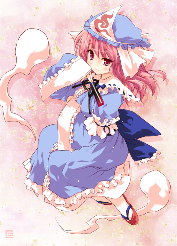 eretto, saigyouji yuyuko, touhou, 1girl, bonnet, female focus, folded fan, folding fan, ghost, hand fan, hat, hitodama, holding, holding fan, japanese clothes, kimono, mob cap, okobo, pink eyes, pink hair, platform sandals, sandals, socks, solo, tabi