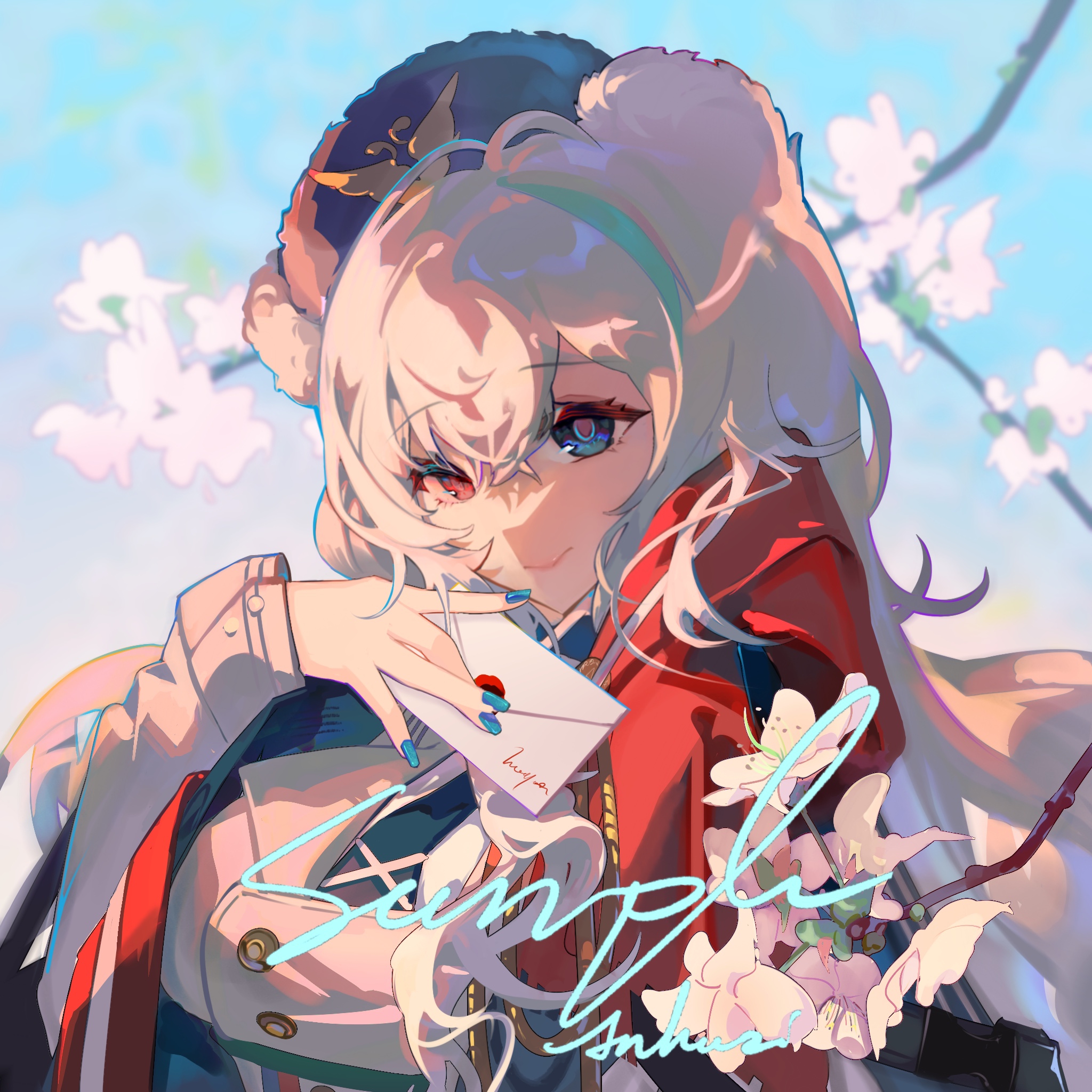 huan zi bu cheng, rosa (arknights), arknights, chinese commentary, commentary request, highres, 1girl, animal ears, blue eyes, blue hat, blue nails, branch, brown hat, closed mouth, fingernails, flower, green hair, hair between eyes, hat, heterochromia, holding, holding letter, letter, light smile, long hair, long sleeves, looking at viewer, multicolored hair, nail polish, red eyes, sample watermark, solo, streaked hair, upper body, ursus empire logo, watermark, white flower, white hair