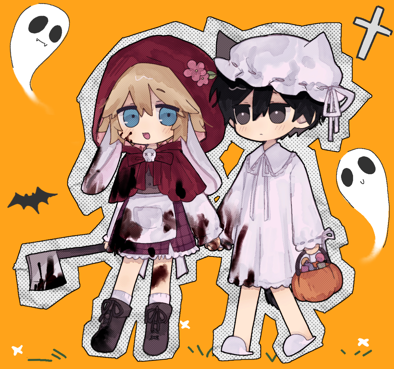 mo42144, basil (faraway) (omori), basil (omori), sunny (omori), omori, 2boys, axe, black eyes, black hair, blonde hair, blood, blood on clothes, bloody weapon, blue eyes, boots, bright pupils, brown boots, chibi, chibi only, halloween costume, holding, holding axe, holding hands, long sleeves, male focus, multiple boys, open mouth, orange background, short hair, simple background, smile, socks, weapon, white pupils, white socks