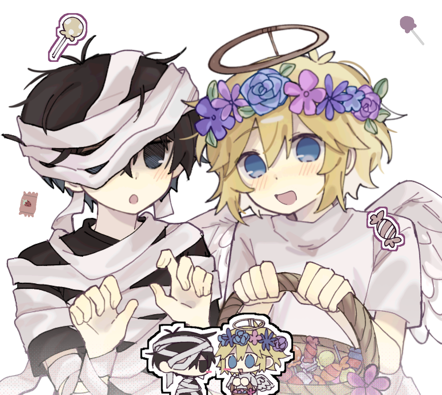 mo42144, basil (faraway) (omori), basil (omori), sunny (omori), omori, highres, 2boys, antenna hair, basket, black eyes, black hair, black shirt, blonde hair, blue eyes, blush, candy, chibi, fake halo, flower, food, halloween costume, halo, head wreath, holding, holding basket, looking at viewer, male focus, multiple boys, mummy costume, open mouth, shirt, short hair, short sleeves, simple background, smile, t-shirt, white background, white shirt