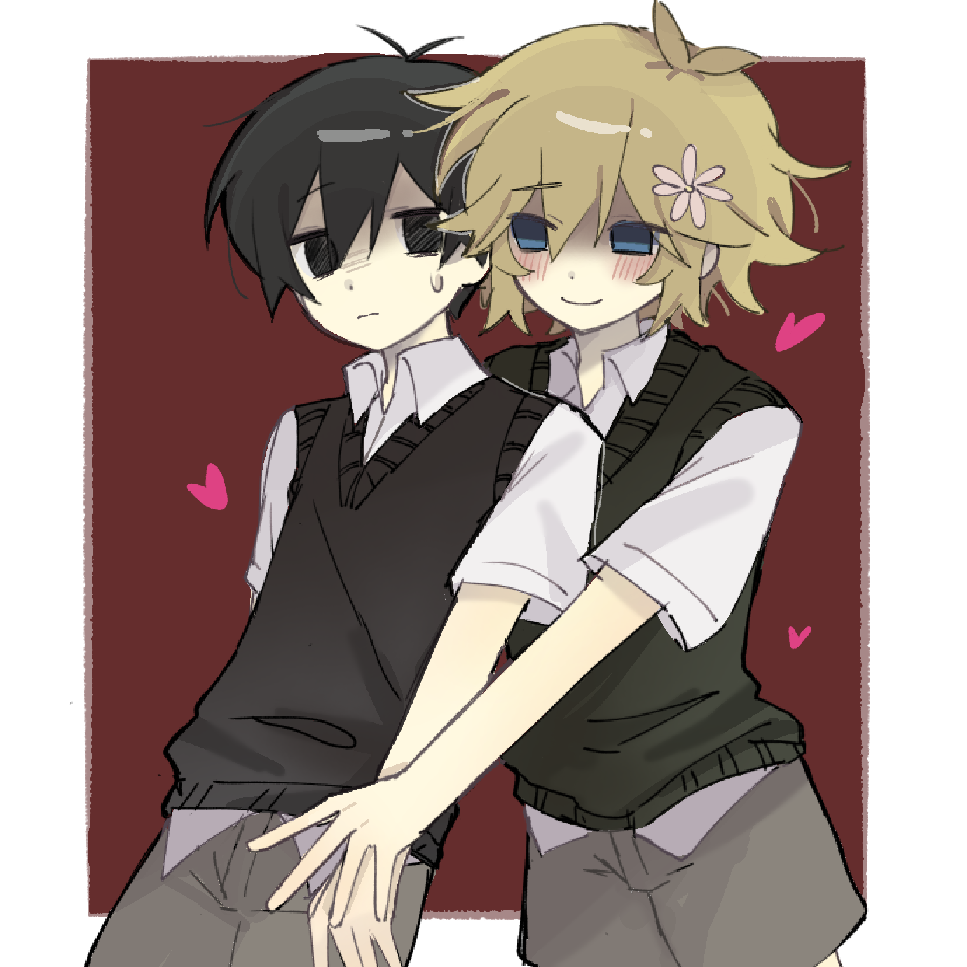 mo42144, basil (faraway) (omori), basil (omori), sunny (omori), omori, highres, 2boys, antenna hair, black eyes, black hair, black sweater vest, blush, closed mouth, collared shirt, male focus, multiple boys, shirt, short sleeves, smile, sweater vest, white shirt