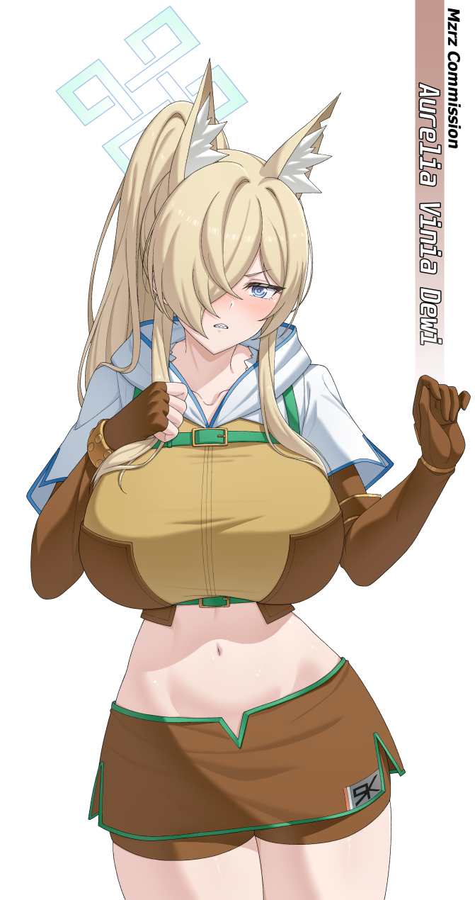 mzrz, hunter (ragnarok online), kanna (blue archive), blue archive, ragnarok online, commentary, commission, english commentary, highres, 1girl, animal ear fluff, animal ears, blonde hair, blue eyes, blue halo, blush, breasts, brown gloves, brown shirt, brown shorts, brown skirt, cosplay, cowboy shot, crop top, cropped jacket, dog ears, dog girl, elbow gloves, fingerless gloves, gloves, hair over one eye, halo, huge breasts, hunter (ragnarok online) (cosplay), jacket, long bangs, looking at viewer, midriff, miniskirt, navel, sharp teeth, shirt, short shorts, short sleeves, shorts, shorts under skirt, skirt, solo, teeth, white background, white jacket