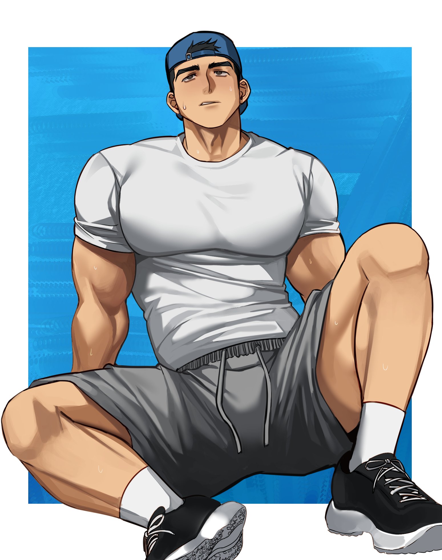 brk 603, original, highres, 1boy, backwards hat, bara, baseball cap, biceps, black eyes, black hair, black shoes, blue background, blue hat, broad shoulders, drawstring, grey shorts, hat, huge pectorals, looking up, male focus, muscular, muscular male, on floor, parted lips, shirt, shoes, shorts, sitting, sneakers, socks, solo, sweat, thick arms, thick eyebrows, tight clothes, two-tone background, v-taper, white background, white shirt, white socks