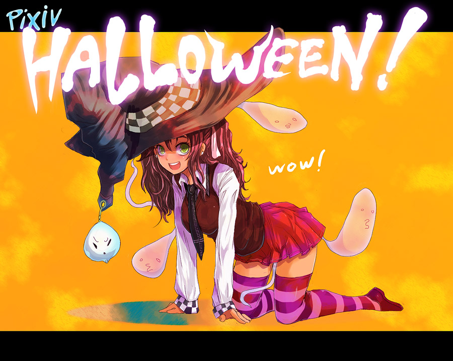 kara (color), original, all fours, brown hair, ghost, green eyes, halloween, happy, hat, long hair, necktie, skirt, solo, striped clothes, striped thighhighs, thighhighs, witch hat