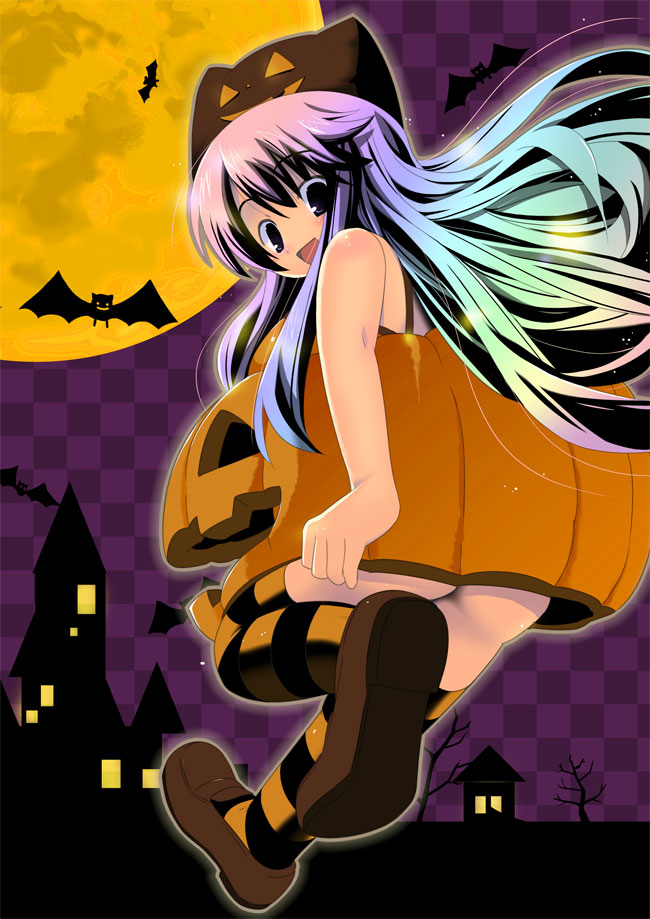 houmitsu, original, 1girl, bat (animal), female focus, full moon, gradient hair, halloween, hat, jack-o'-lantern, long hair, moon, multicolored hair, pumpkin, pumpkin costume, solo, striped clothes, striped thighhighs, thighhighs