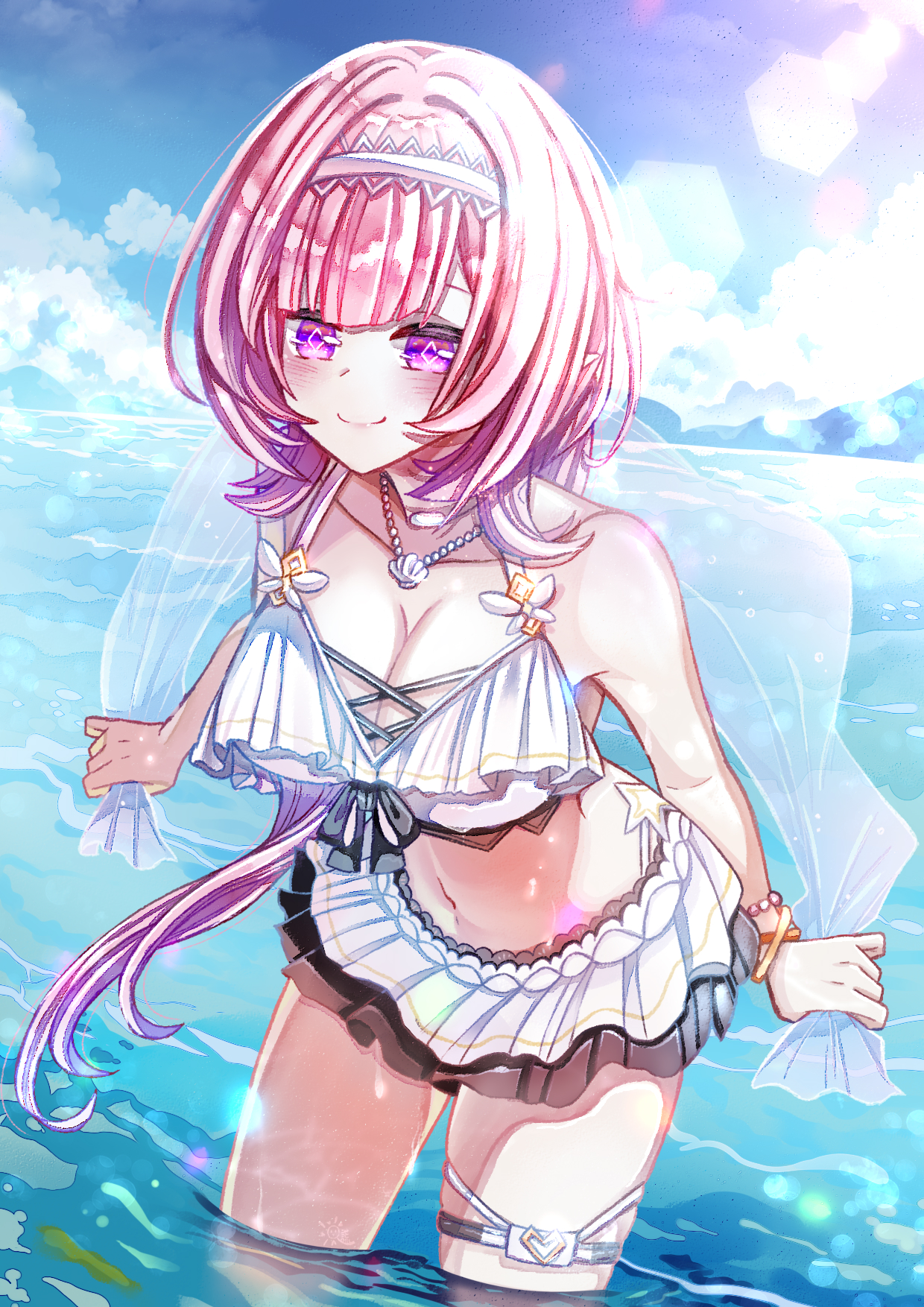 elysia (herrscher of human: ego) (honkai impact), elysia (honkai impact), elysia (miss pink elf) (honkai impact), elysia (summer miss elf) (honkai impact), honkai (series), honkai impact 3rd, highres, 1girl, bare shoulders, bikini, blue sky, breasts, cleavage, diamond-shaped pupils, diamond (shape), hairband, jewelry, large breasts, long hair, midriff, navel, necklace, ocean, official alternate costume, outdoors, pink hair, purple eyes, self cosplay, shell, shell necklace, sky, smile, solo, swimsuit, symbol-shaped pupils, thigh strap, thighs, very long hair, wet, white bikini, white hairband, xcv4424