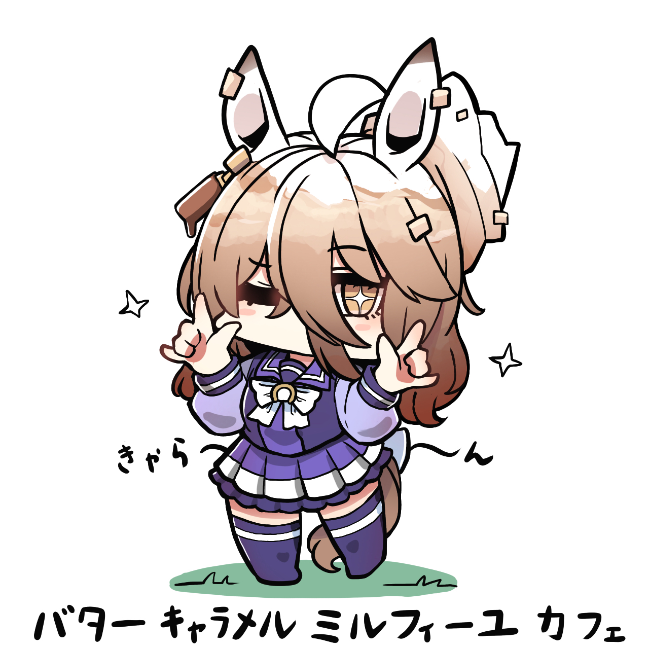 kawamochi (tddm3573), manhattan cafe (umamusume), umamusume, highres, translation request, + +, 1girl, n/, ahoge, alternate eye color, alternate hair color, animal ears, blush stickers, bow, brown eyes, brown hair, chibi, double n/, food in hair, food on hair, full body, hands up, horse ears, horse girl, horse tail, looking at viewer, multicolored hair, no shoes, one eye closed, pleated skirt, purple shirt, purple skirt, purple thighhighs, school uniform, shirt, skirt, solo, sparkle, standing, tail, thighhighs, tracen school uniform, two-tone hair, white background, white bow, white hair