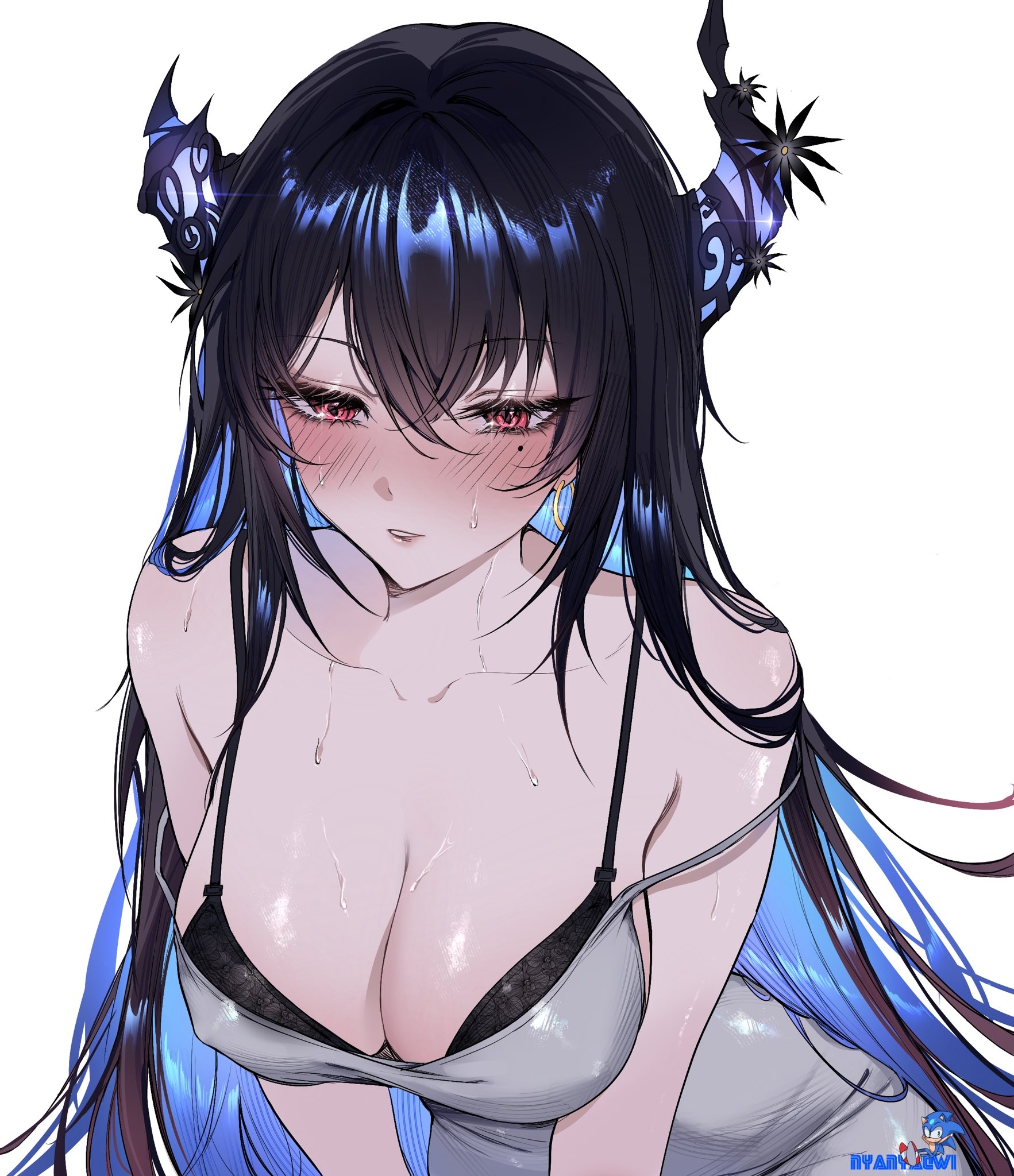 nyanyaqwi, nerissa ravencroft, sonic the hedgehog, hololive, hololive english, sonic (series), commentary, english commentary, highres, paid reward available, 1girl, black bra, black hair, blue hair, blush, bra, breasts, cleavage, colored inner hair, demon horns, dress, grey dress, horns, long hair, mole, mole under eye, multicolored hair, red eyes, simple background, solo, sweat, underwear, virtual youtuber, white background