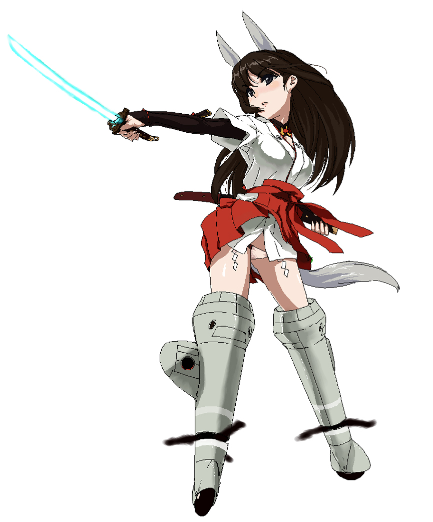 kirisato itsuki, anabuki tomoko, strike witches, strike witches: suomus misfits squadron, world witches series, bad id, 00s, 1girl, armor, energy sword, female focus, hakama, hakama short skirt, hakama skirt, japanese armor, japanese clothes, kote, kurokote, panties, pantyshot, simple background, skirt, solo, sword, underwear, weapon, white background